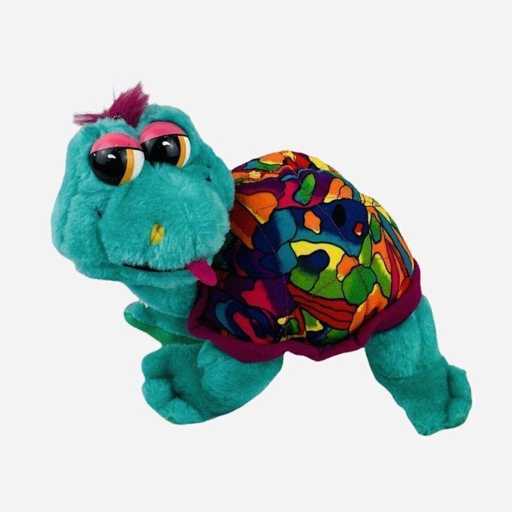 VTG Ace Novelty 10" Green Turtle Plush Colorful Shell Tongue Out Carnival Prize